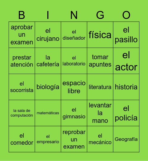 La escuela y profesiones Bingo Card