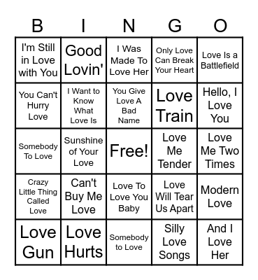 Rock 'N Roll Bingo - LOVE Songs Bingo Card