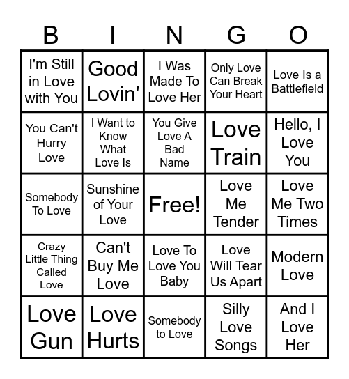 Rock 'N Roll Bingo - LOVE Songs Bingo Card