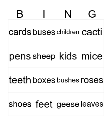 Plurals Bingo Card