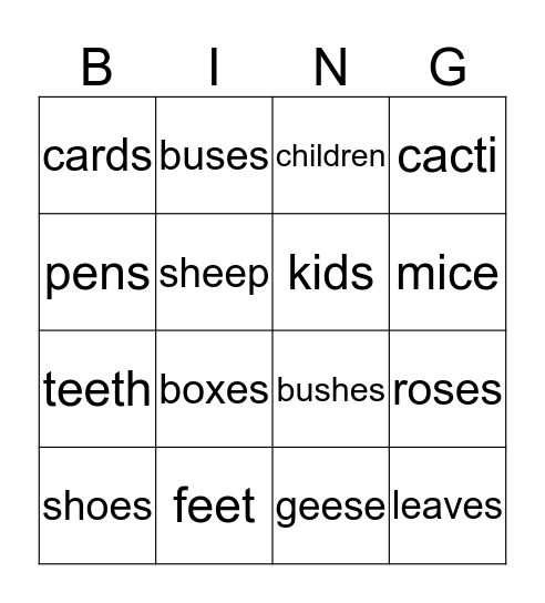 Plurals Bingo Card