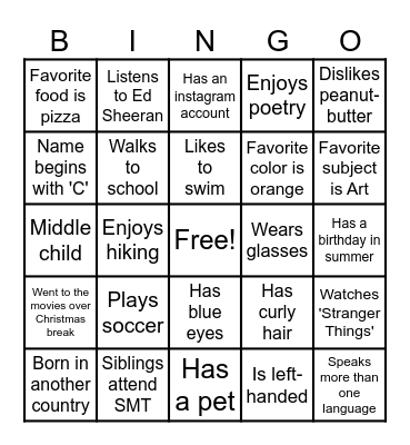 Classmate Bingo Card