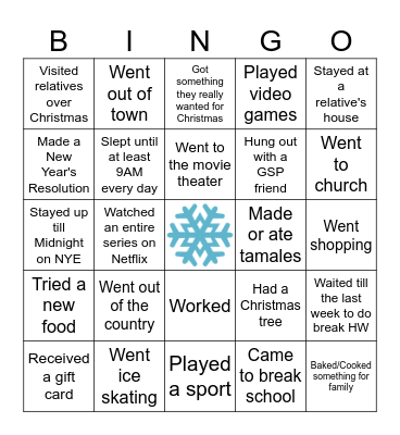 Human Bingo - Winter Break Edition Bingo Card