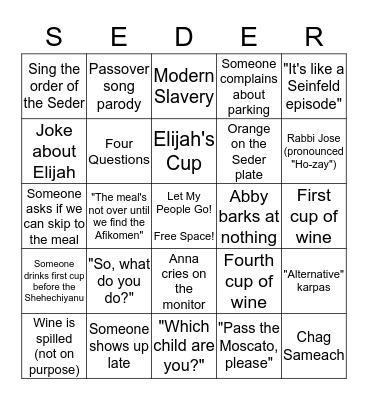 SilverBob Passover Bingo Card