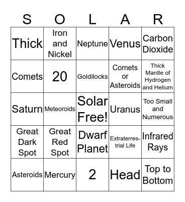 Solar System Bingo Card