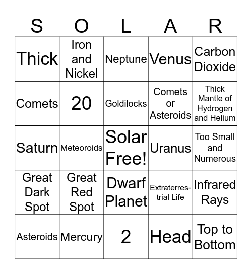 Solar System Bingo Card