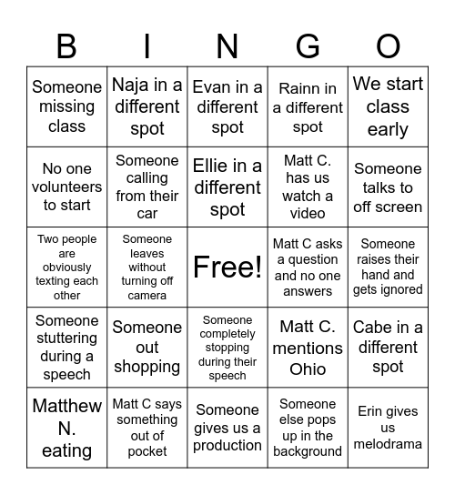 Public Speaking Bingo Card