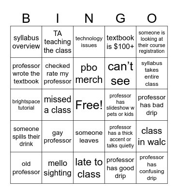 first day of class bingo Card