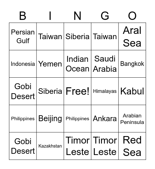 Asia Bingo Card