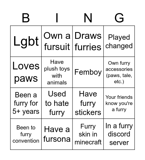 Furry Bingo Card