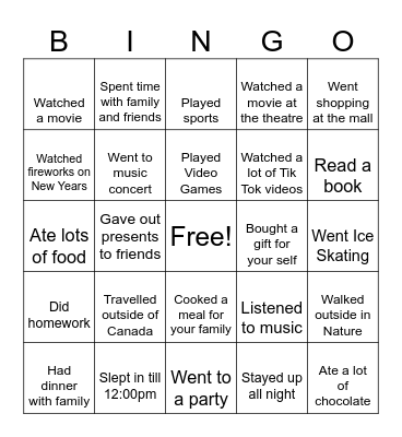 Winter Break Bingo Card