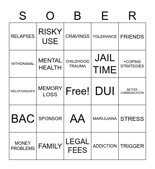 SOBRIETY BINGO Card