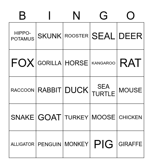 ASL 2: Unit 4 Topic 1 and 2: Animals Bingo Card