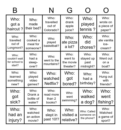 What did you do over the holiday? Bingo Card