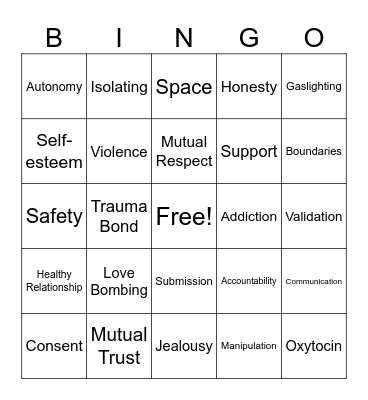 Healthy Relationships Bingo Card