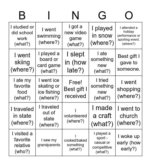Post-Winter Break Bingo Card