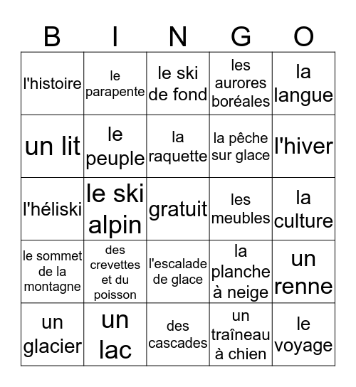 Destinations d'hiver Bingo Card