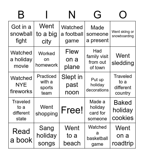 Winter Break! Bingo Card