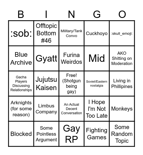 Offtopic Bingo Board Bingo Card