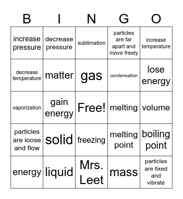 States of Matter Bingo Card