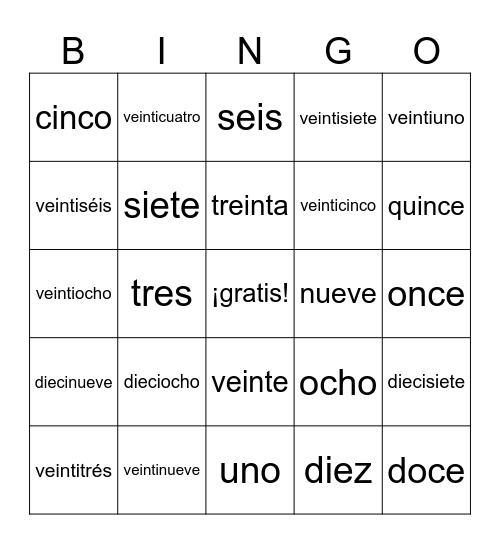 Los Números 1-31 Bingo Card