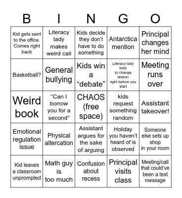 Unhinged School Bingo Card