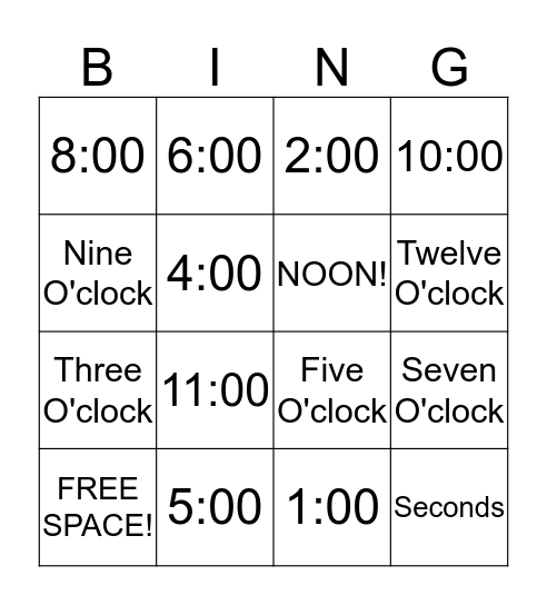 Time Bingo! Bingo Card