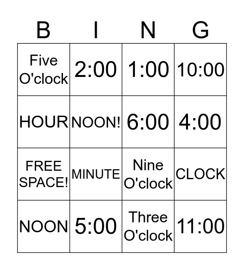 Time Bingo! Bingo Card