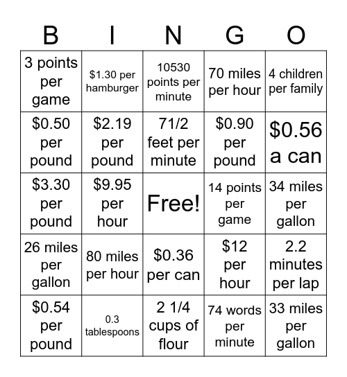 Unit Rate Bingo Card