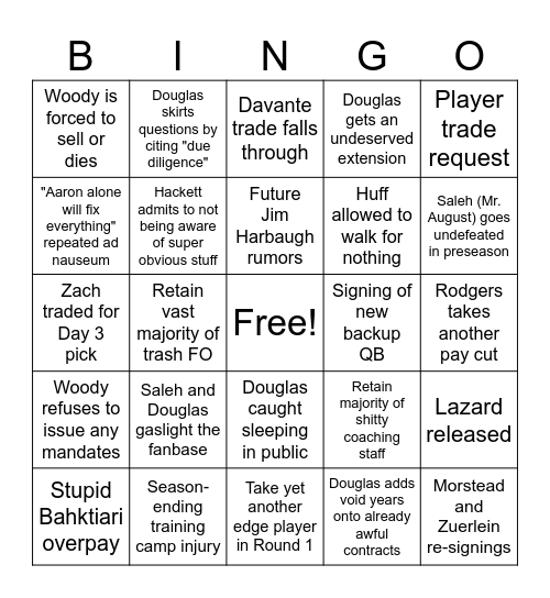 Jets Offseason Bingo Card