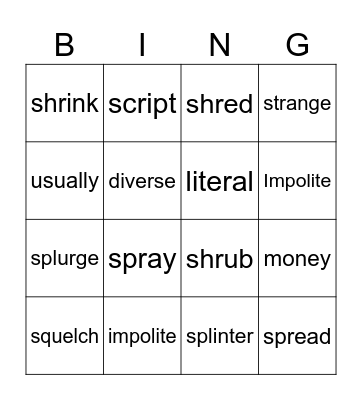 Set 3: Spr, Shr, Str, Squ, Scr, Spl Bingo Card