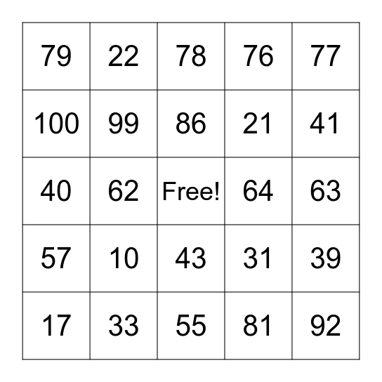 Numbers! Bingo Card