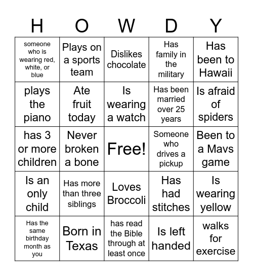 HOWDY Bingo Card