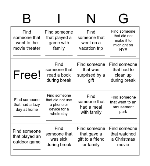 Winter Break Bingo Card