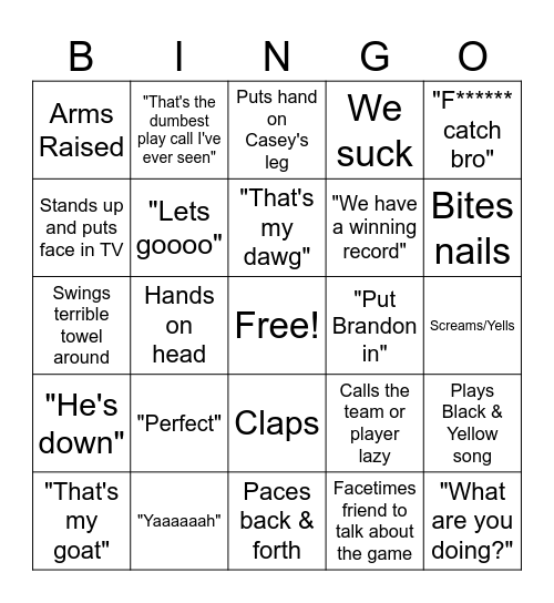 Brandon & Steelers Bingo Card