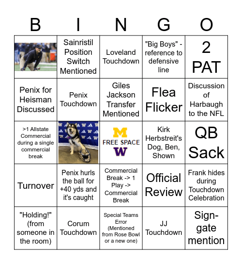Michigan vs Washington Bingo Card