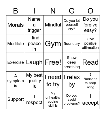 Self-Esteem and Awareness Bingo Card