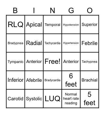 Vital Signs Bingo Card