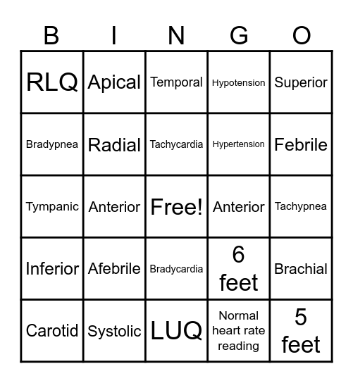 Vital Signs Bingo Card