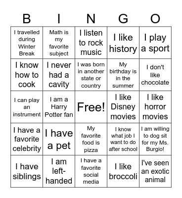 All About Me! Bingo Card