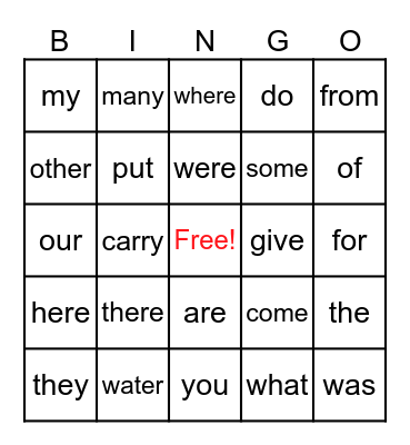 Sight Words Bingo Card