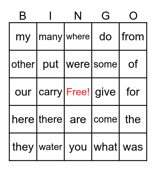Sight Words Bingo Card