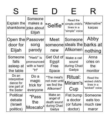 SilverBob Passover Bingo Card