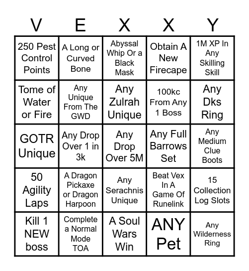 Vexology Bingo Card