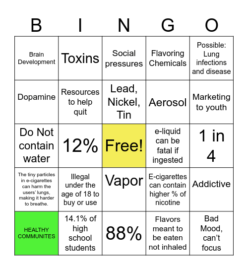 Vape Facts Bingo Card