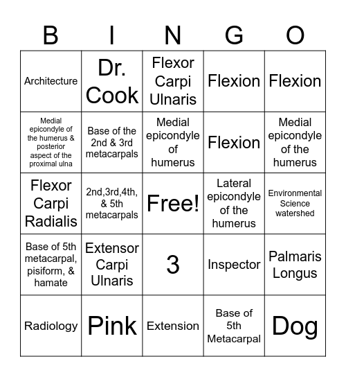 Wrist and Hand Muscles Bingo Card