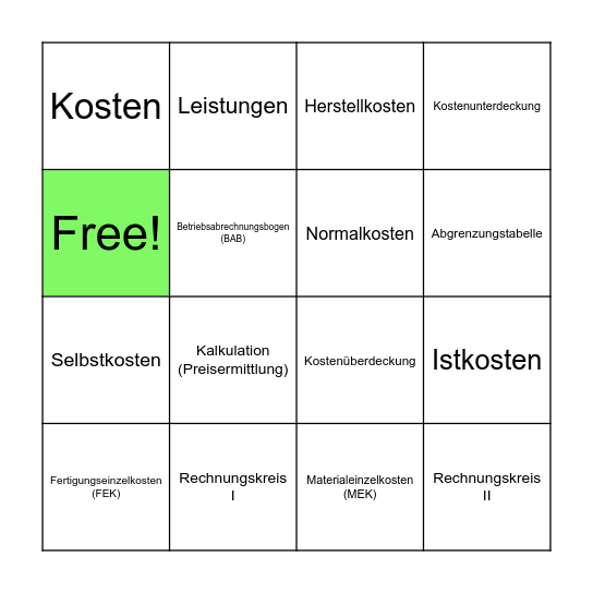 Kosten- und Leistungsrechnung Bingo Card