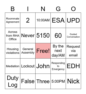 UHRL On-Call Bingo Card