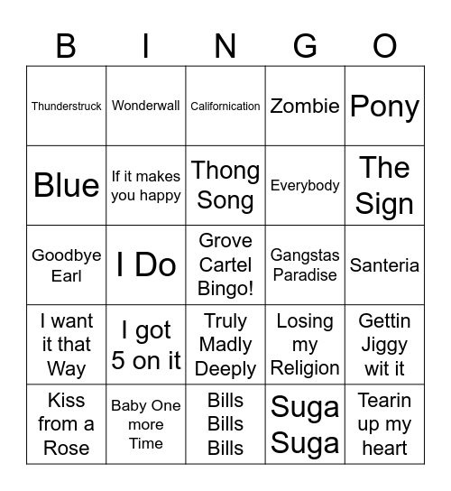 90s Hits & a few 2000s Bingo Card