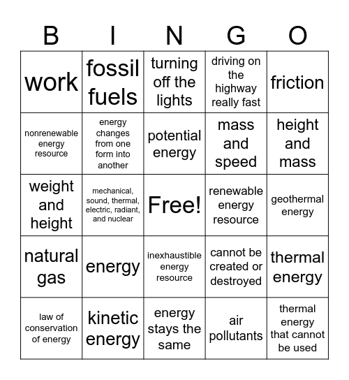 Chapter 5 Science Bingo Card
